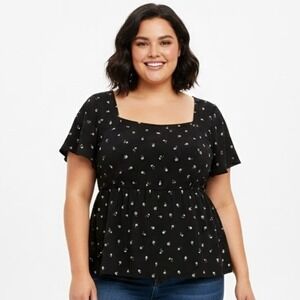 NEW Torrid Black Floral Print Square Neck Flutter Sleeve Peplum Top 1 Boho Fairy